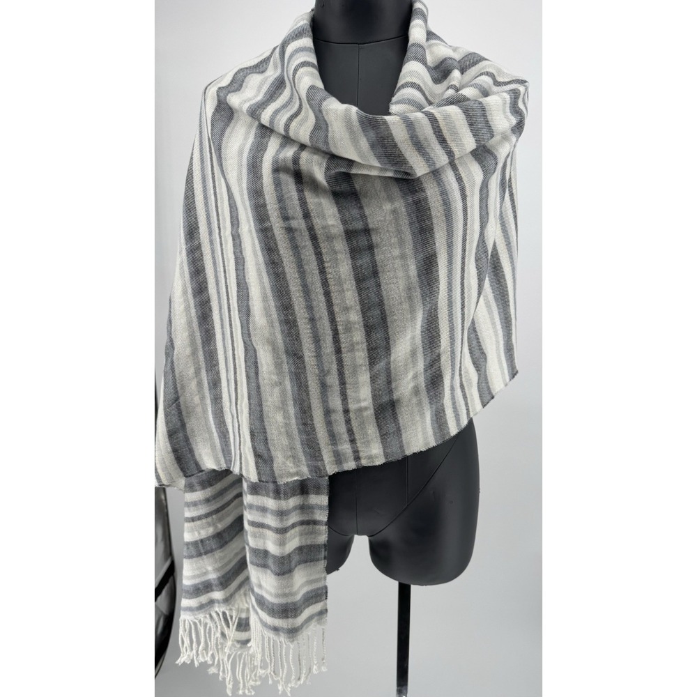 Scarf Gray Blue White Striped Fringe Wrap Shawl 76x24 Soft‎ Winter Accessory